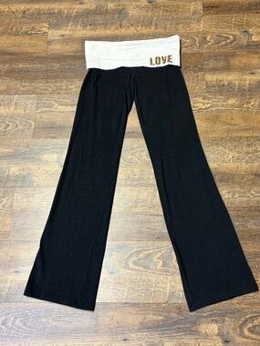 PINK Victoria Secret Rhinestone Logo Fold Over Flare Yoga Pant Womens Small Love